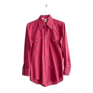 Vintage Karman Mens Pearl Snap Button Western Shirt Burgundy Red Size 15.5-33